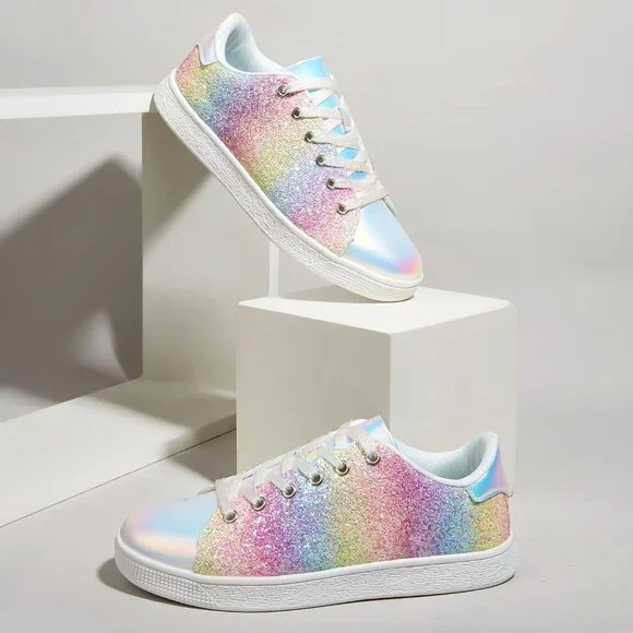 Women's Purple Multi Glitter Shoes Sparkly Bling Shiny Bedazzled Lace Up Sneaker - Picture 3 of 9